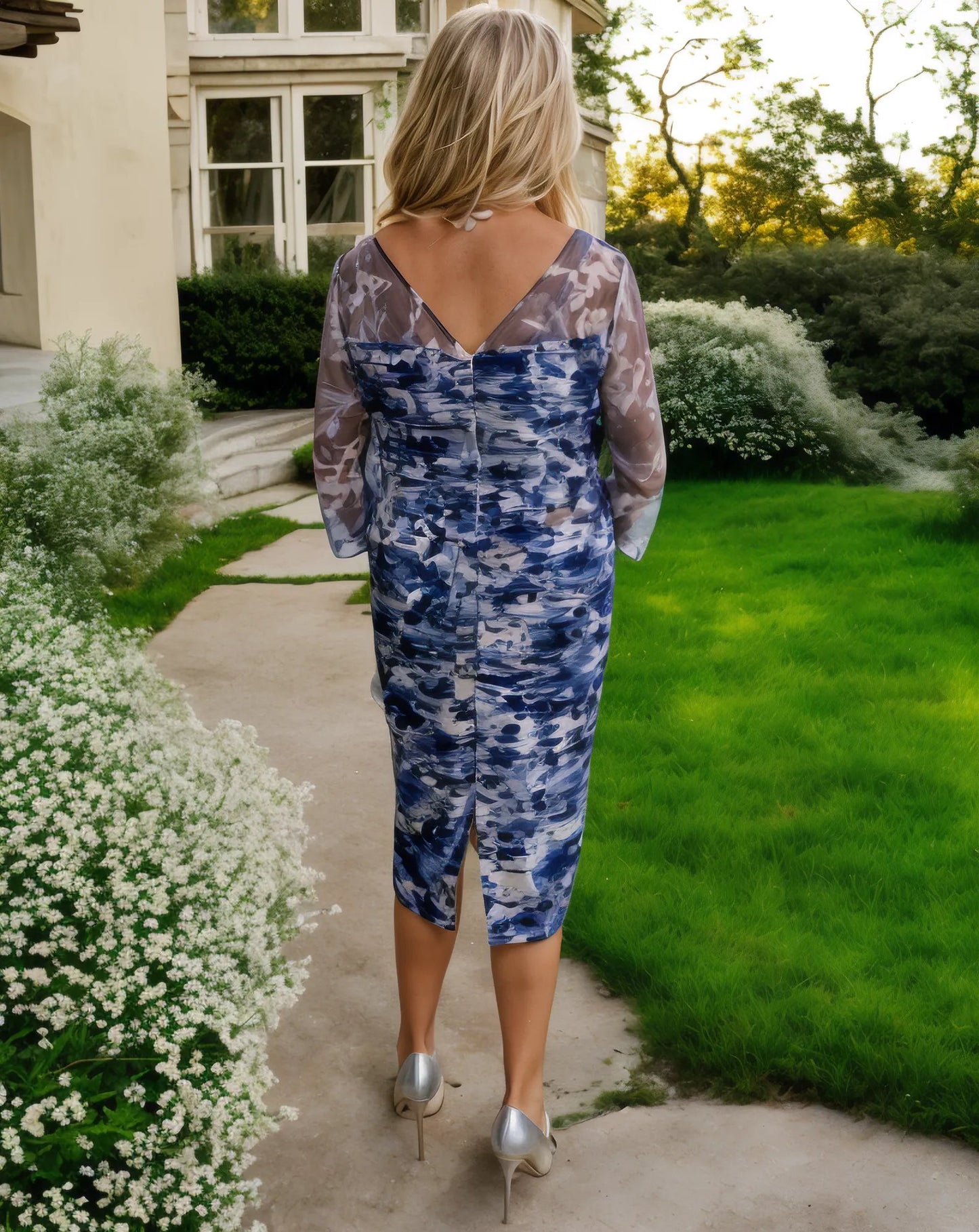 Special occasion dress by condici in navy lace with embellished waistband, mockle print and comes with a bold navy chiffon jacket, perfect 2 piece for a wedding as a mother of the bride.