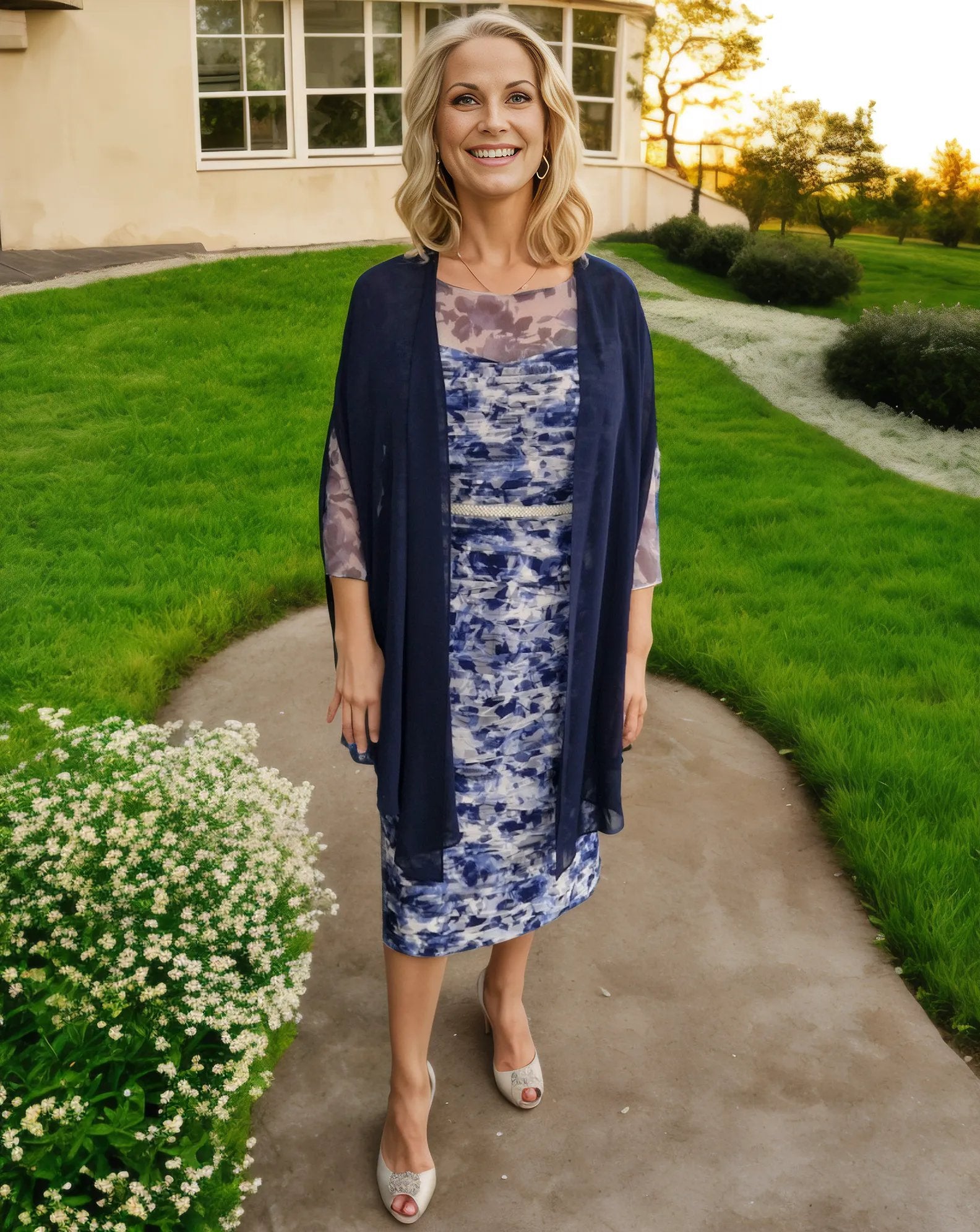 Special occasion dress by condici in navy lace with embellished waistband, mockle print and comes with a bold navy chiffon jacket, perfect 2 piece for a wedding as a mother of the bride.