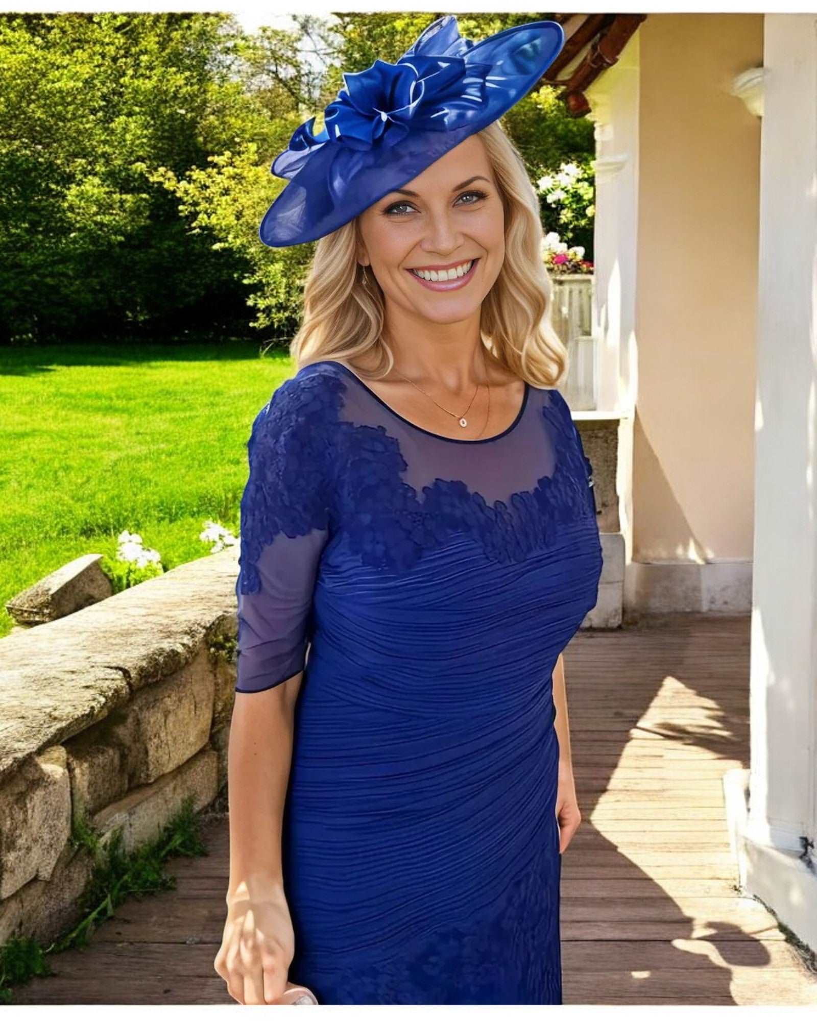 Rich Hydrangea.Embellished lace detailing to round necklineElbow length sleevesRuched throughout the bodice and skirt with contrasting lace appliqueSits just below the knee.