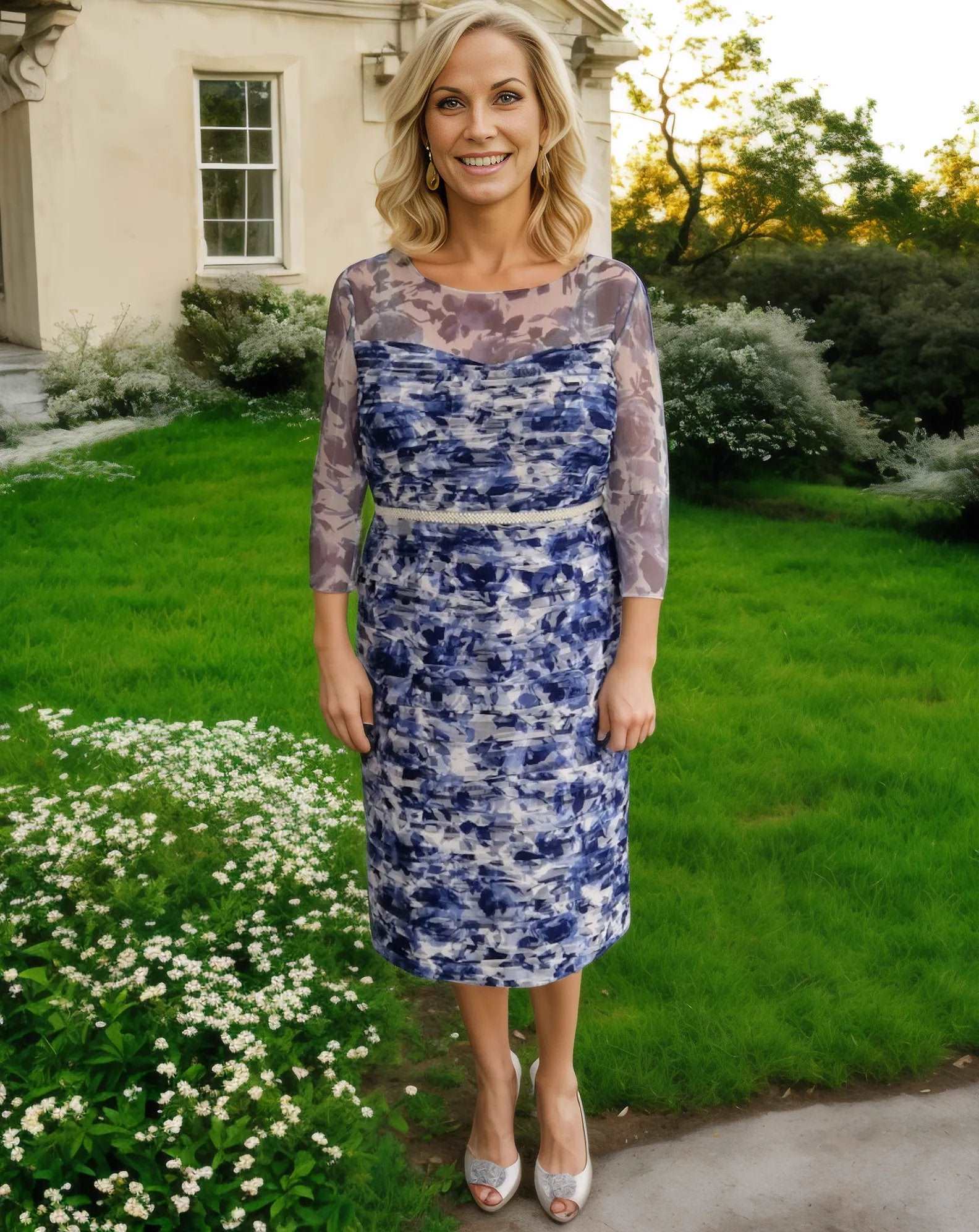 Special occasion dress by condici in navy lace with embellished waistband, mockle print and comes with a bold navy chiffon jacket, perfect 2 piece for a wedding as a mother of the bride.