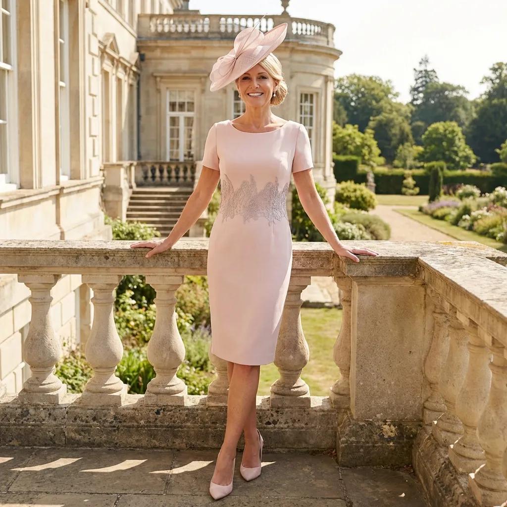 Front view of the Couture Club 4G264 pink dress showing round neckline, short sleeves, embroidered waist and pale taupe lace areas.