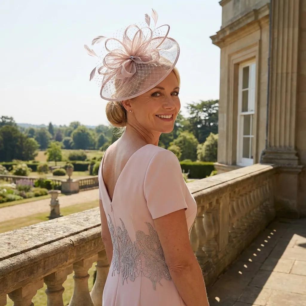 Back view of the Couture Club 4G264 pink mother of the bride dress showing concealed zip, full lining and lace detailing.