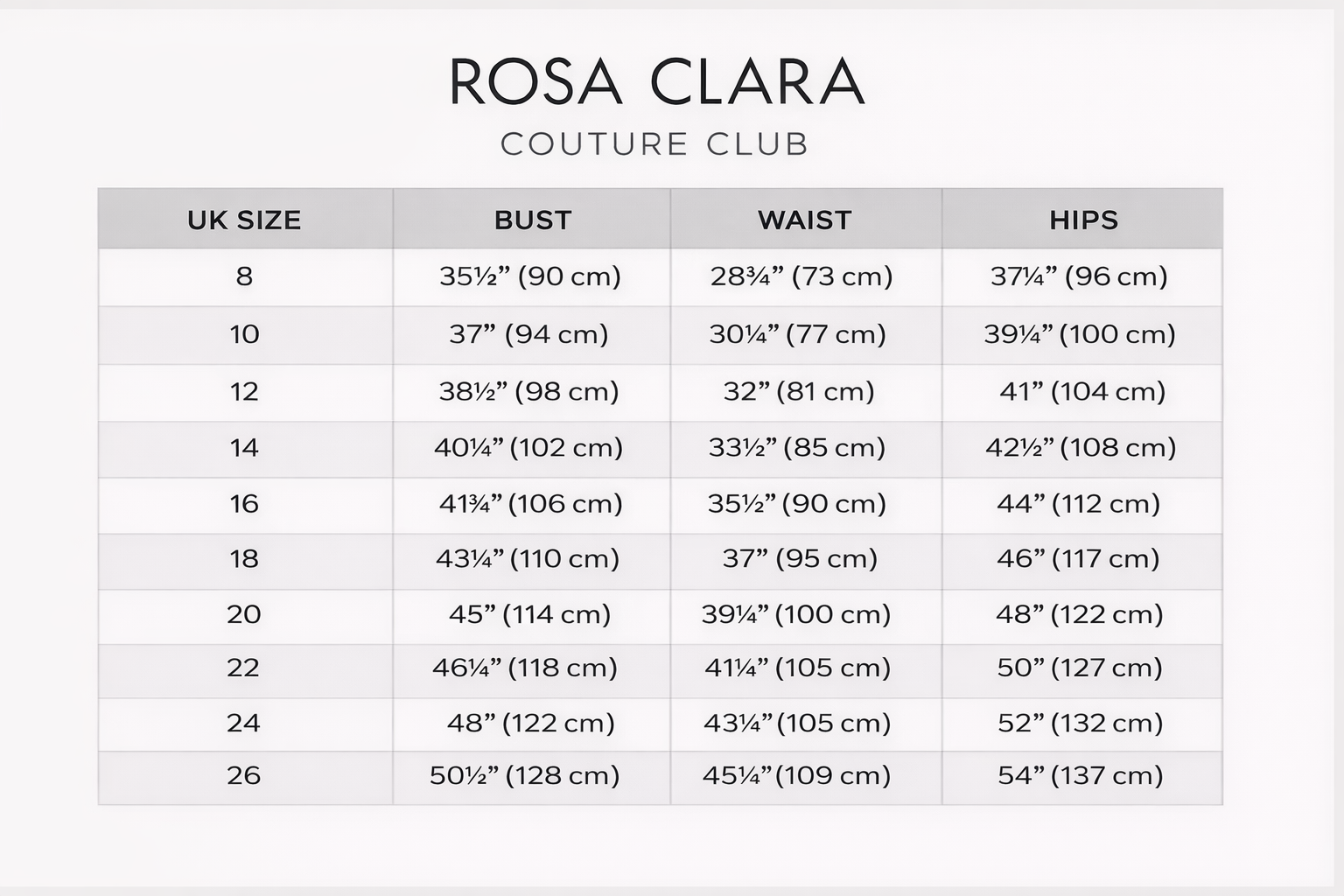 Rosa Clara Couture Club size chart with UK size, bust, waist, and hips measurements.