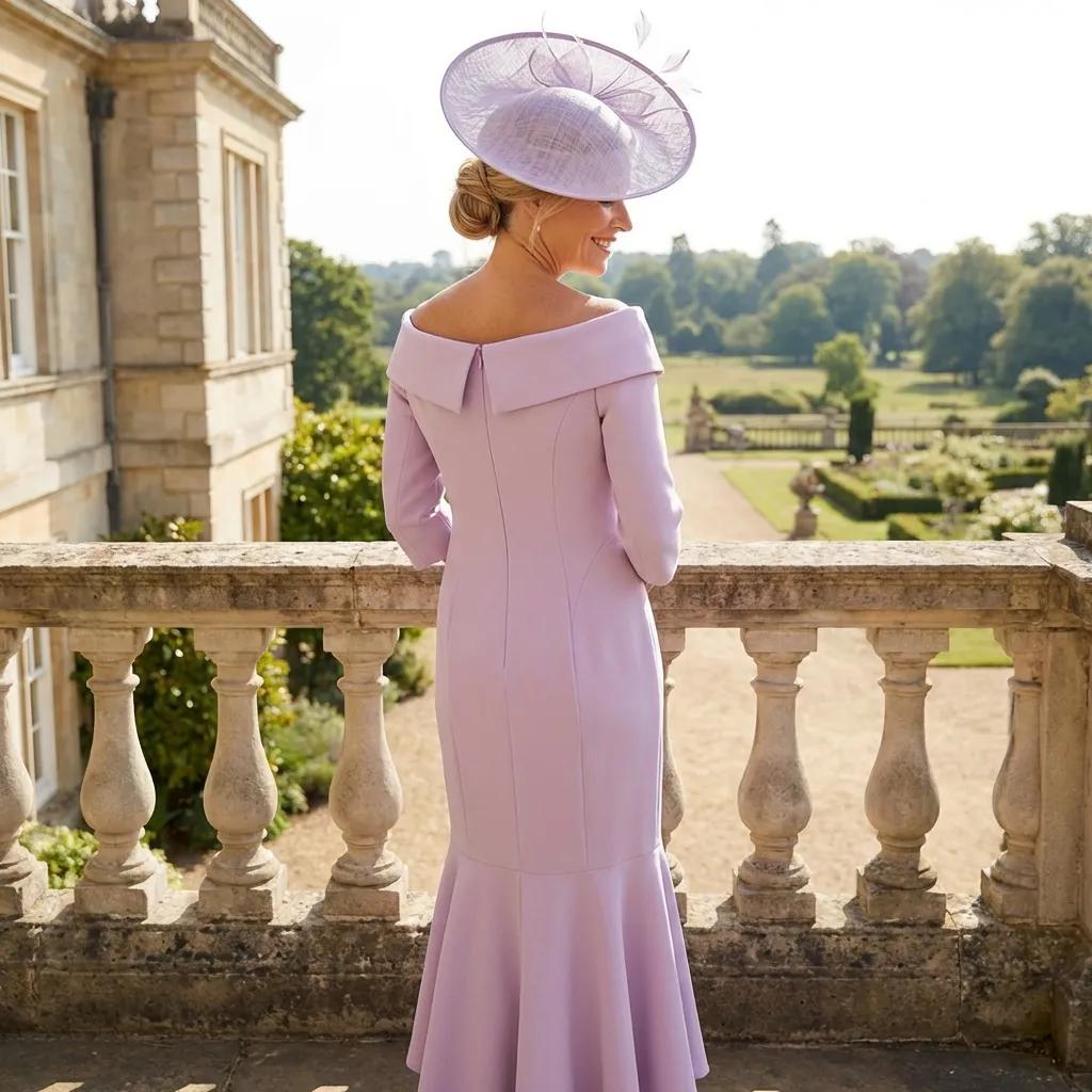 Back view of the Couture Club 8G150 dress in lavender purple with flared hem and matching fascinator, photographed on a terrace overlooking manicured gardens.