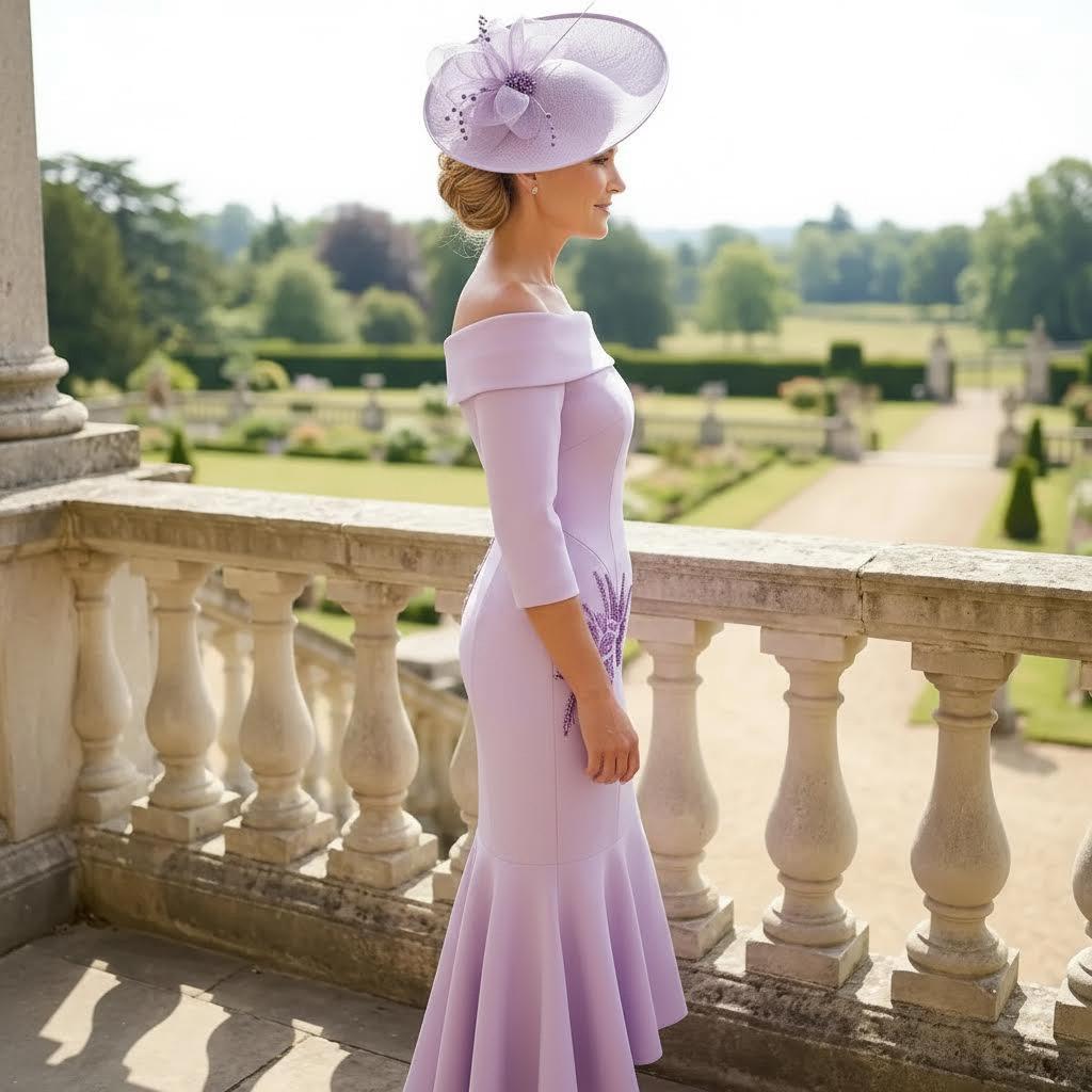 Front view of the Couture Club 8G150 dress in lavender purple with subtle side embellishments and matching fascinator, photographed in an outdoor garden setting.