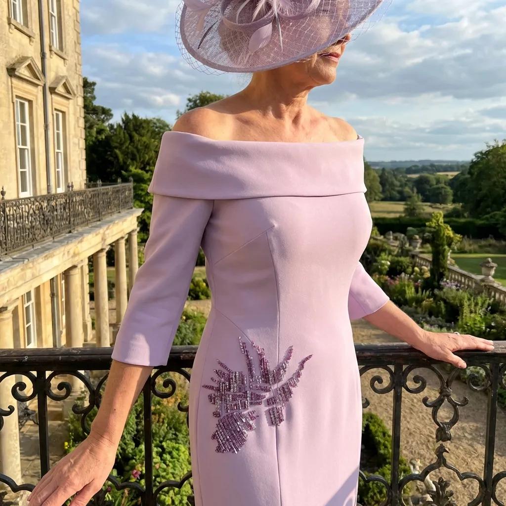 Lavender purple Couture Club 8G150 off‑shoulder dress with three‑quarter sleeves and embellished detailing, shown on a terrace with a grand building behind.