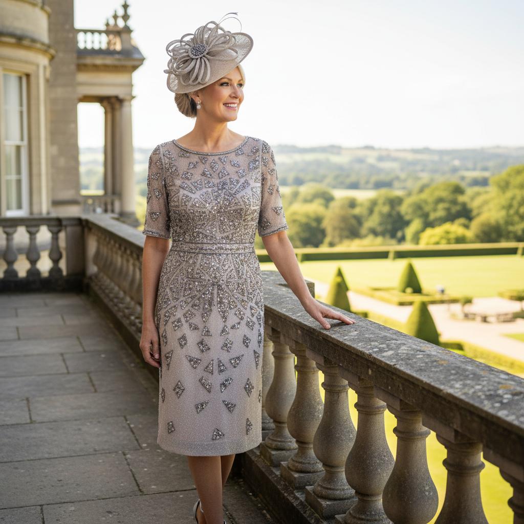 Woman in a heavily embellished gold sequinned couture club mother of the bride dress and fascinator standing on a balcony with a scenic view. Signature Dress.