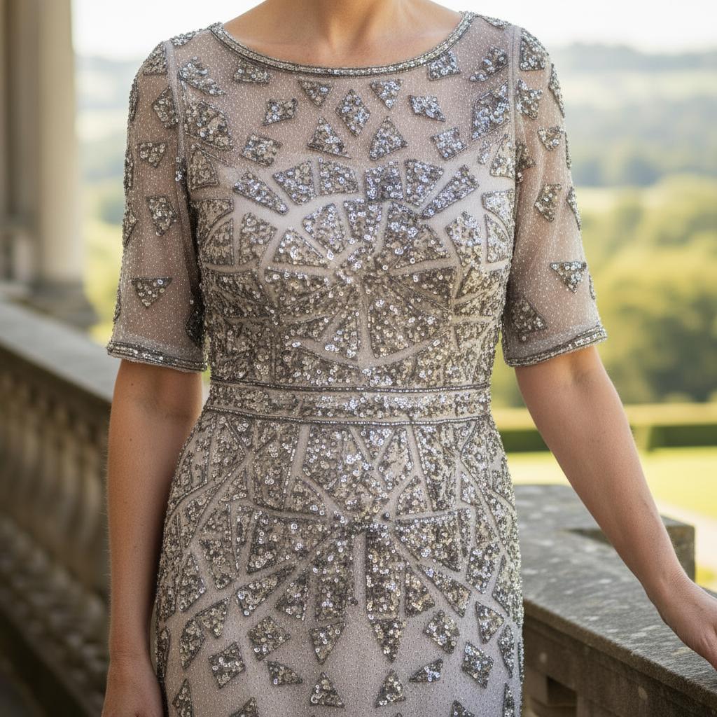 Woman in a heavily embellished gold sequinned couture club mother of the bride dress and fascinator standing on a balcony with a scenic view. Signature Dress.