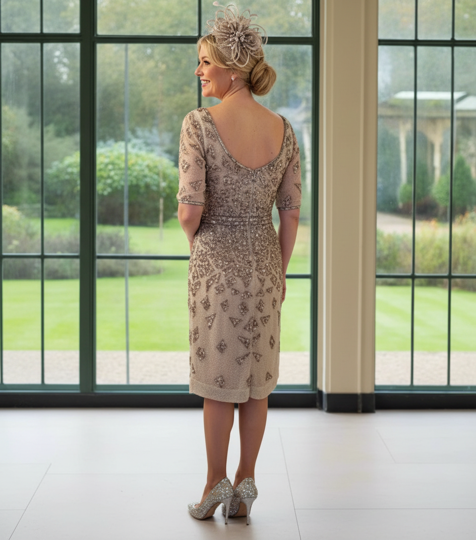 Woman in a heavily embellished gold sequinned couture club mother of the bride dress and fascinator standing on a balcony with a scenic view. Signature Dress.