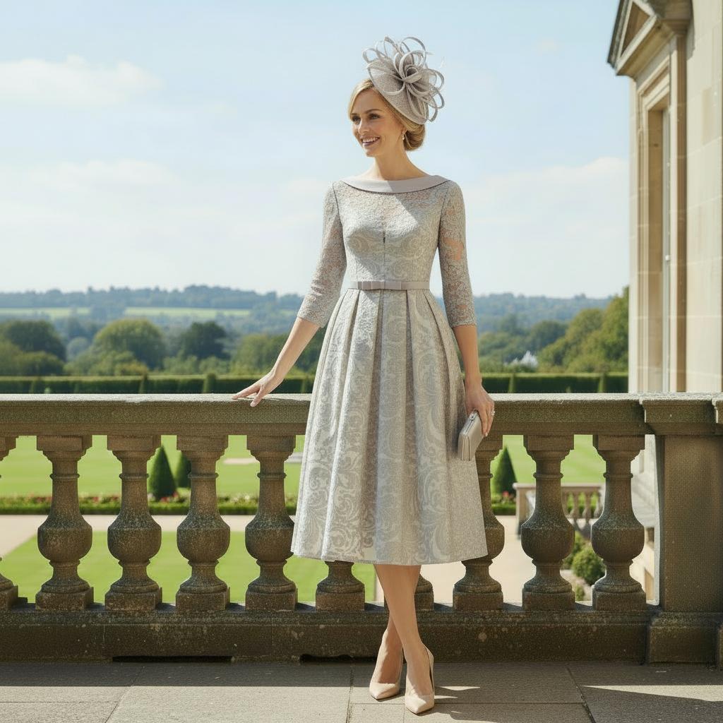 Woman wearing an A line Rosa Clara Couture Club Silver mother of the bride dress. Signature Dress.