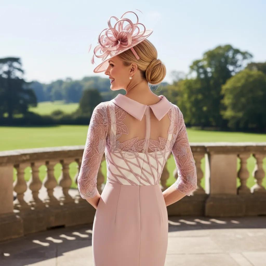 Woman in a Rosa Clara Couture Club light pink mother of the bride dress and pink fascinator hat standing on a stone balcony with a scenic background. Signature Dress.