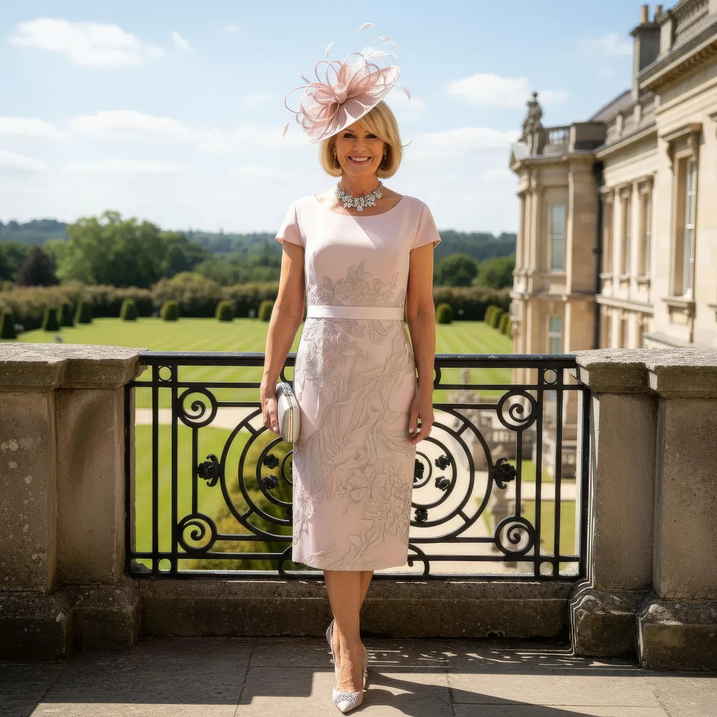 A stunning two piece by Rosa Clara Couture club Pink mother of the Bride Outfit.

The dress is knee length with short length sleeves and round neckline.