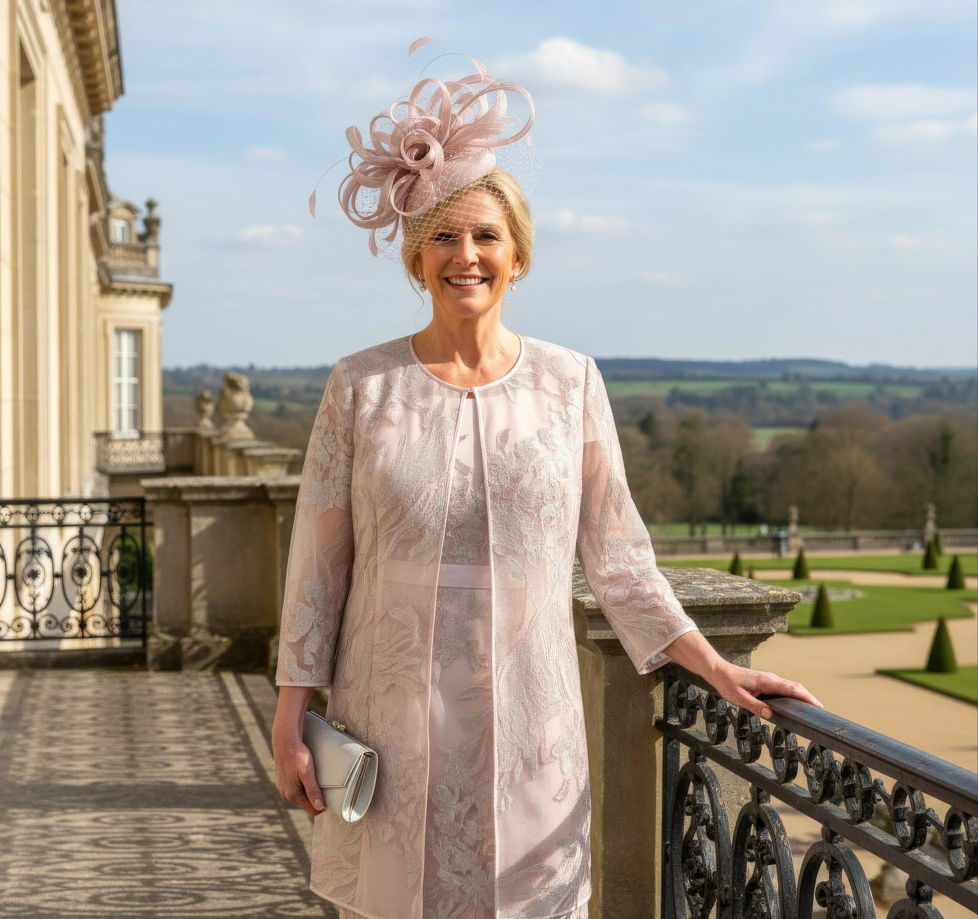 A stunning two piece by Rosa Clara Couture club Pink mother of the Bride Outfit.

The dress is knee length with short length sleeves and round neckline.
