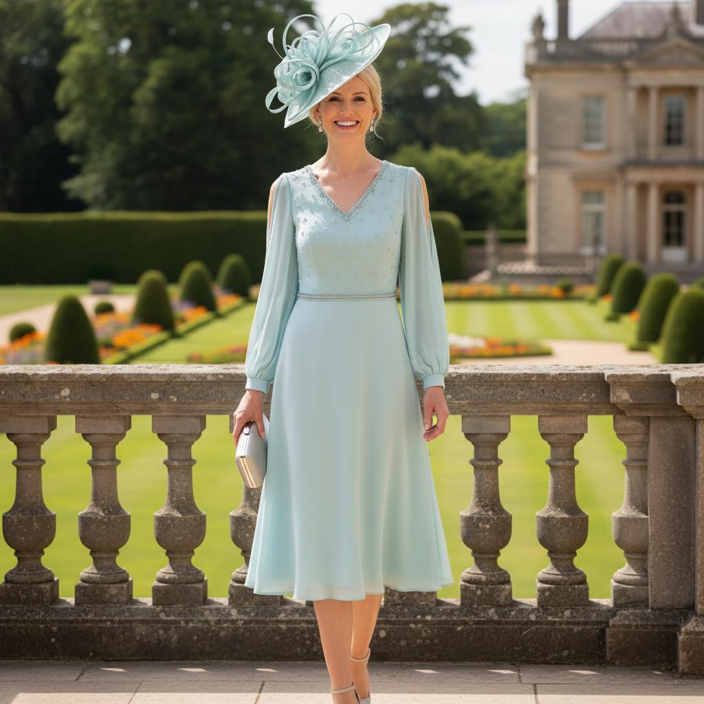 Woman in a couture club mint mother of the bride dress with sleeves. Signature Dress