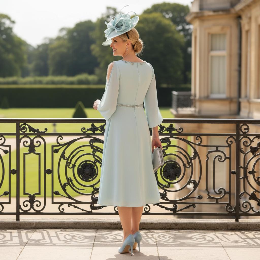 Woman in a couture club mint mother of the bride dress with sleeves. Signature Dress