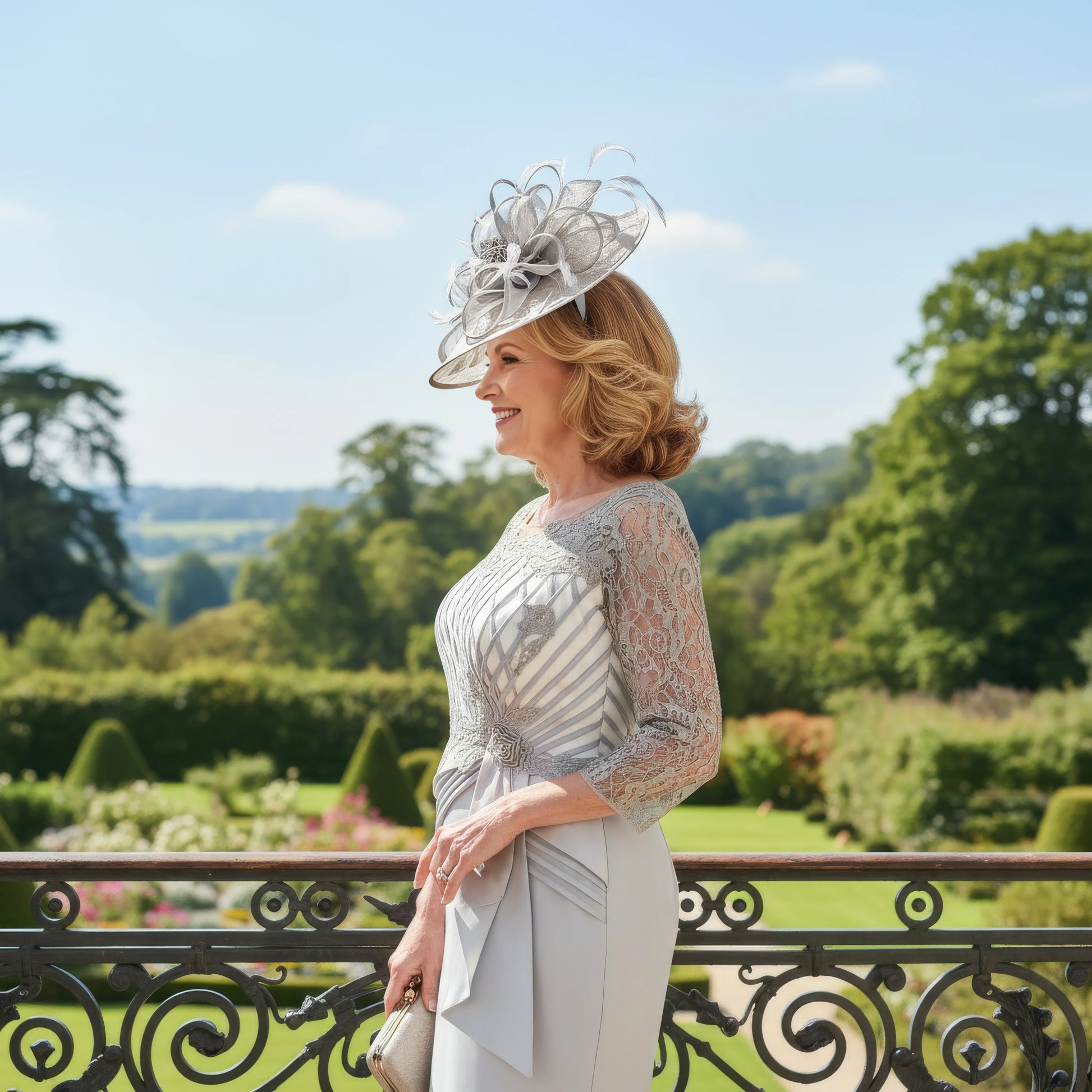 Woman in a stylish Silver grey mother of the bride dress and hat standing on a balcony with a scenic 
