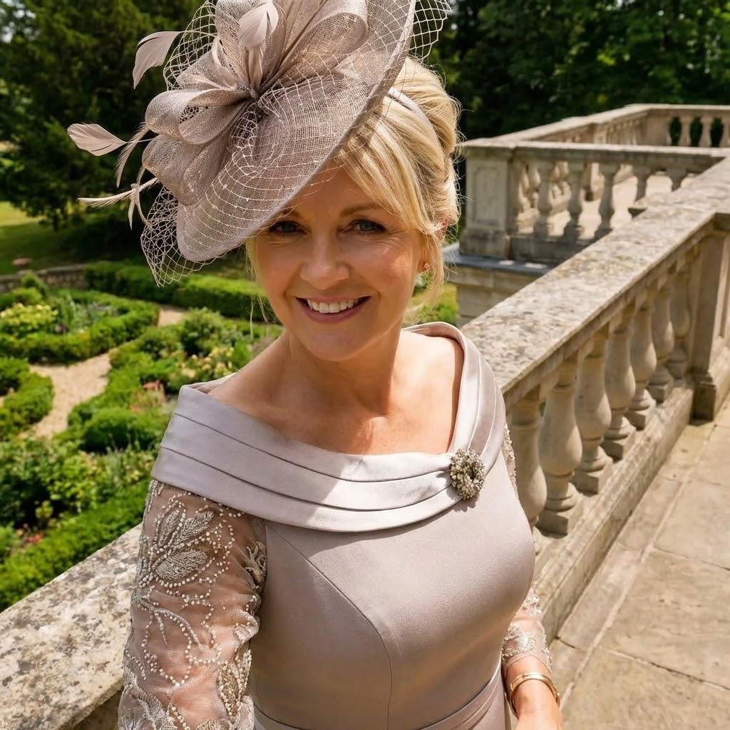 Woman in a Rosa Clara Couture club a line taupe mother of the bride dress and taupe fascinator hat ready to attend a wedding. Signature Dress.