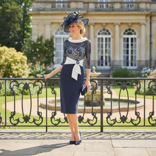 Woman in a Rosa Clara Couture Club navy mother of the bride dress with a  navy fascinator hat standing in front of a classical building ready for a wedding. Signature Dress.