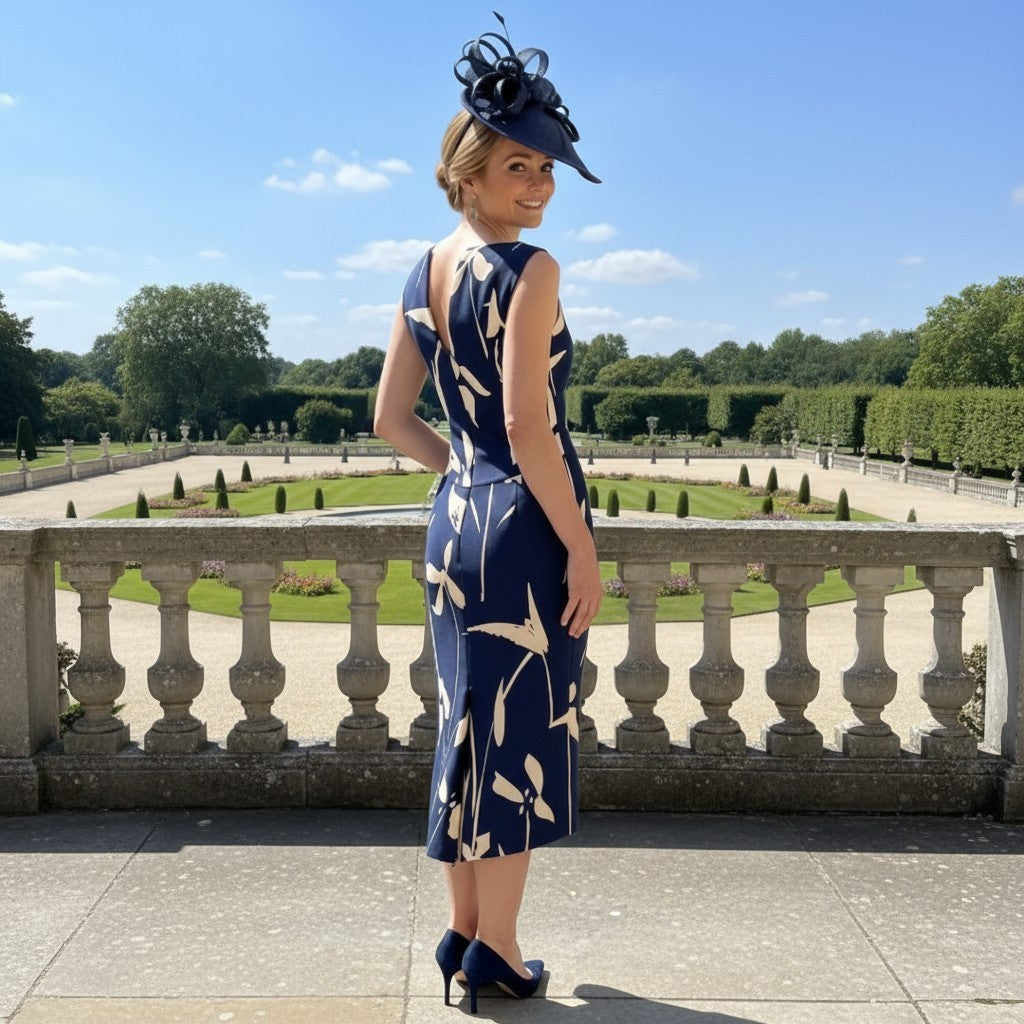 Navy floral mother of the bride dress by fely campo with matching navy fascinator, photographed on a stone terrace overlooking a formal garden.