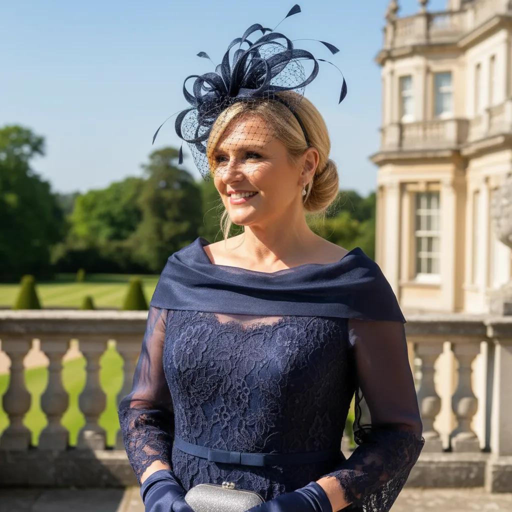 Woman in a Gill Harvey navy mother of the bride dress with a matching navy fascinator hat standing in a garden setting. Signature Dress.
