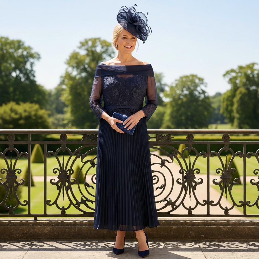 Woman in a Gill Harvey navy mother of the bride dress with a matching navy fascinator hat standing in a garden setting. Signature Dress.