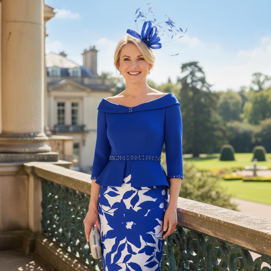 Woman in a Gino Cerrutti cobalt blue  mother of the bride dress with a matching cobalt blue fascinator standing on a balcony with a scenic background. Signature Dress.