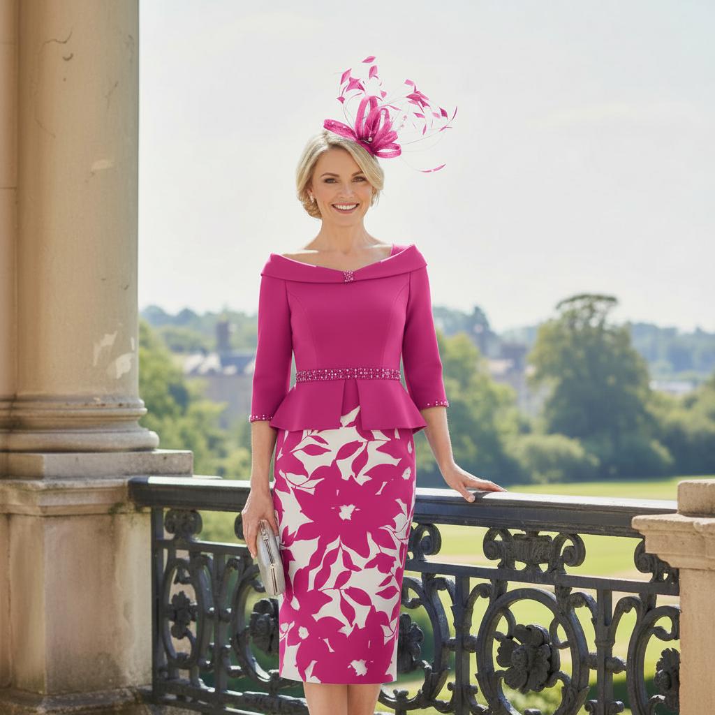 Woman in a Gino Cerrutti pink mother of the bride outfit with a floral hat standing on a balcony with a scenic background. Signature Dress.