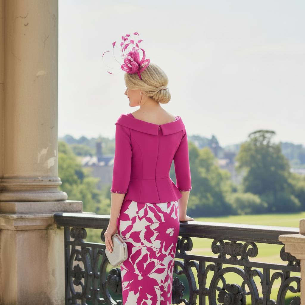 Woman in a Gino Cerrutti pink mother of the bride outfit with a floral hat standing on a balcony with a scenic background. Signature Dress.