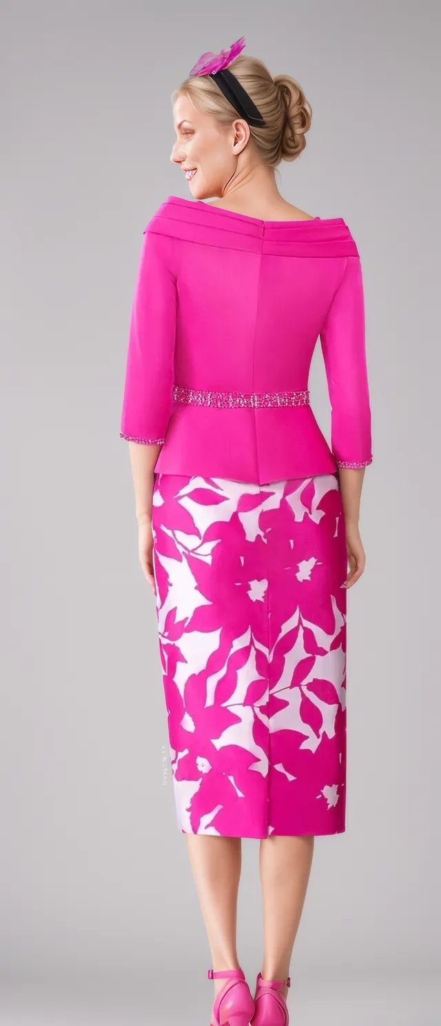  A bold fushia pink printed pencil skirt is beautifully complimented with a matching crepe peplum, simple bodice and 3/4 length sleeves. A wide neck, layered collar is finished perfectly with a beaded brooch to match the waist defining beaded belt. Signature Dress