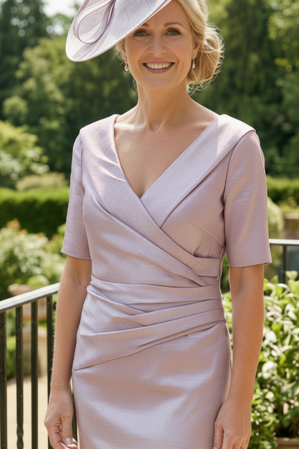 Woman in a Ispirato light purple mother of the bride dress and matching fascinator hat standing outdoors with greenery in the background