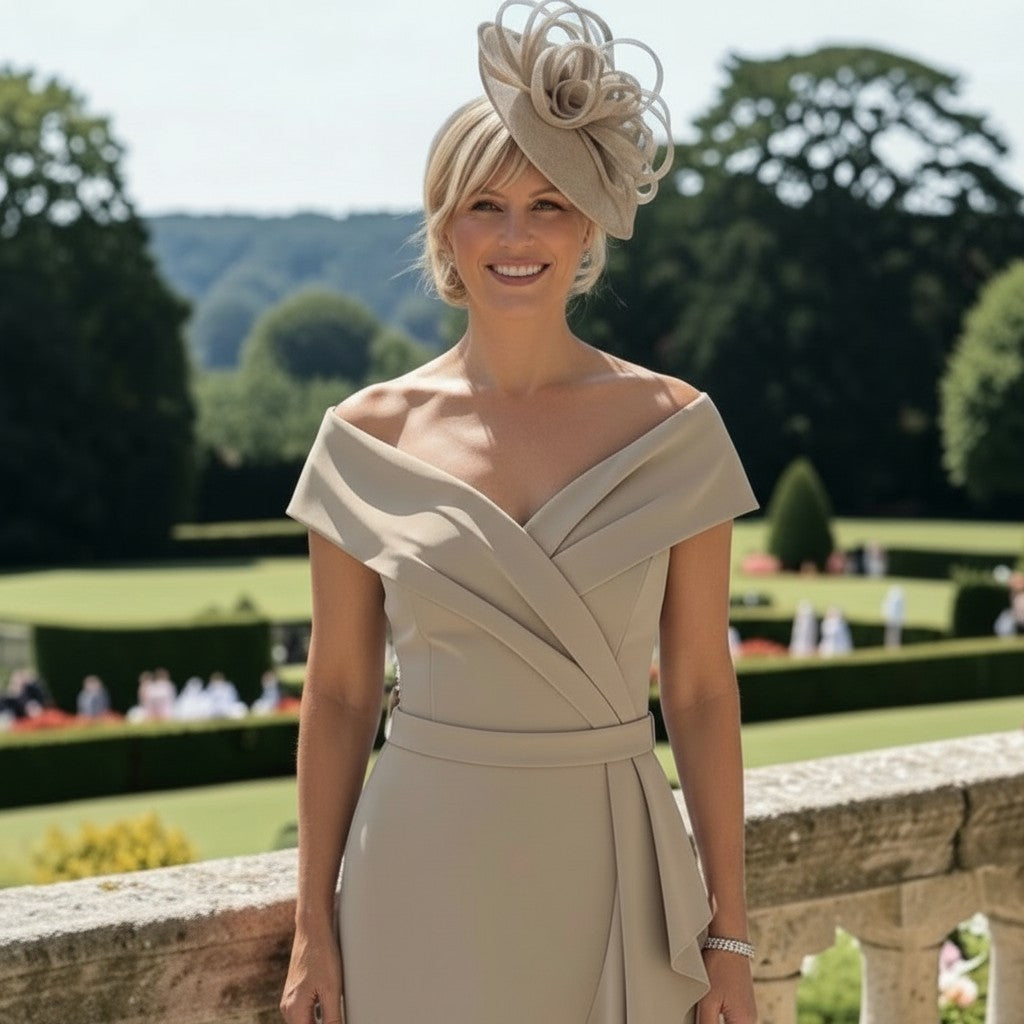 Close‑up of Ispirato ISL802 taupe mother of the bride dress showing crossover Bardot neckline, pleated waist detail and matching fascinator in a formal garden setting.
