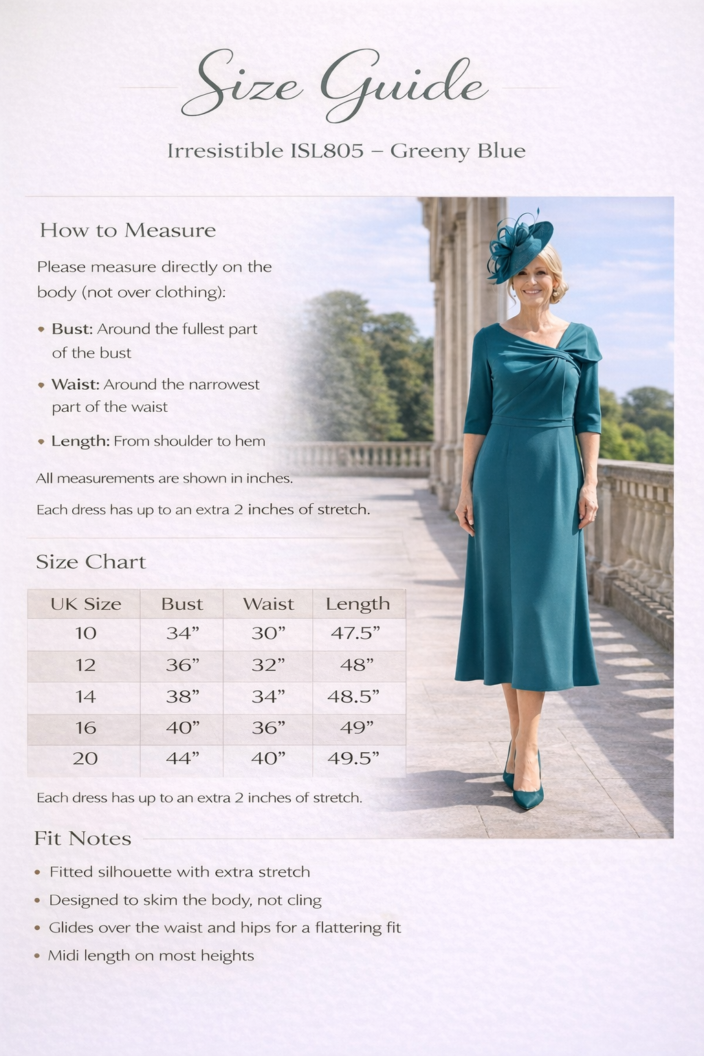 Ispirato ISL805 green Mother of the Bride size guide.