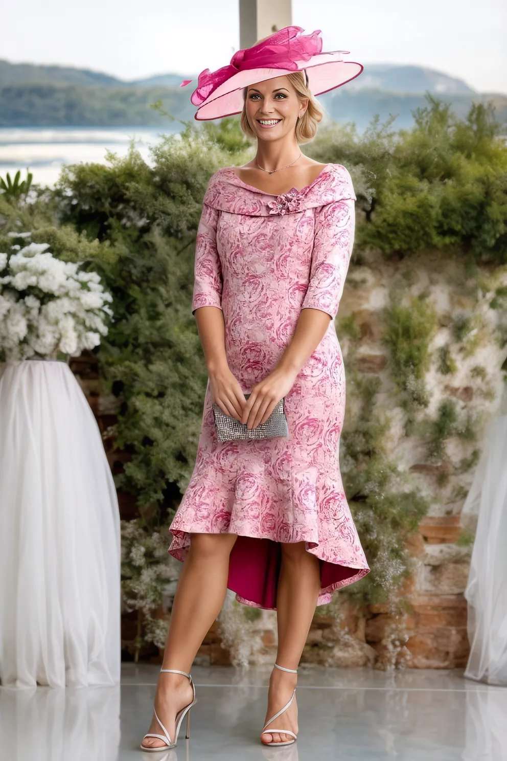 Ispirato presents this romantic pink fondant dress, perfect for a Mother of the Bride or Groom. The metallic silver detailing adds a subtle shimmer throughout the floral design of the dress. The fishtail finish to the dress creates a beautiful figure. The folded boat neckline, complete with floral appliques creates a beautiful feature to the dress. Paired with matching coloured accessories, this dress is an elegant occasion dress.