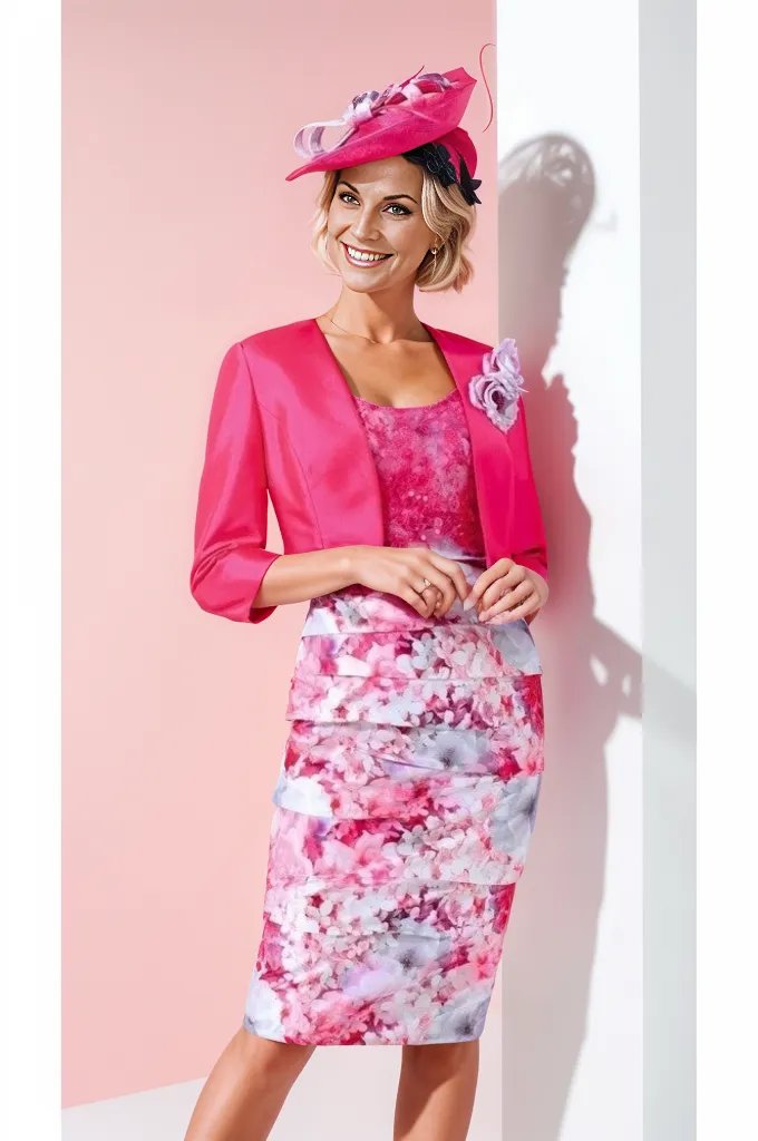 floral dress and matching jacket. The bodice has a delicate lace overlay and the skirt is fitted with gentle pleats, while the jacket adds a touch of elegance with its taffeta fabric and corsage detail.