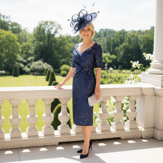 Woman in a Ispirato navy mother of the bride dress with matching navy fascinator.  Signature Dress.