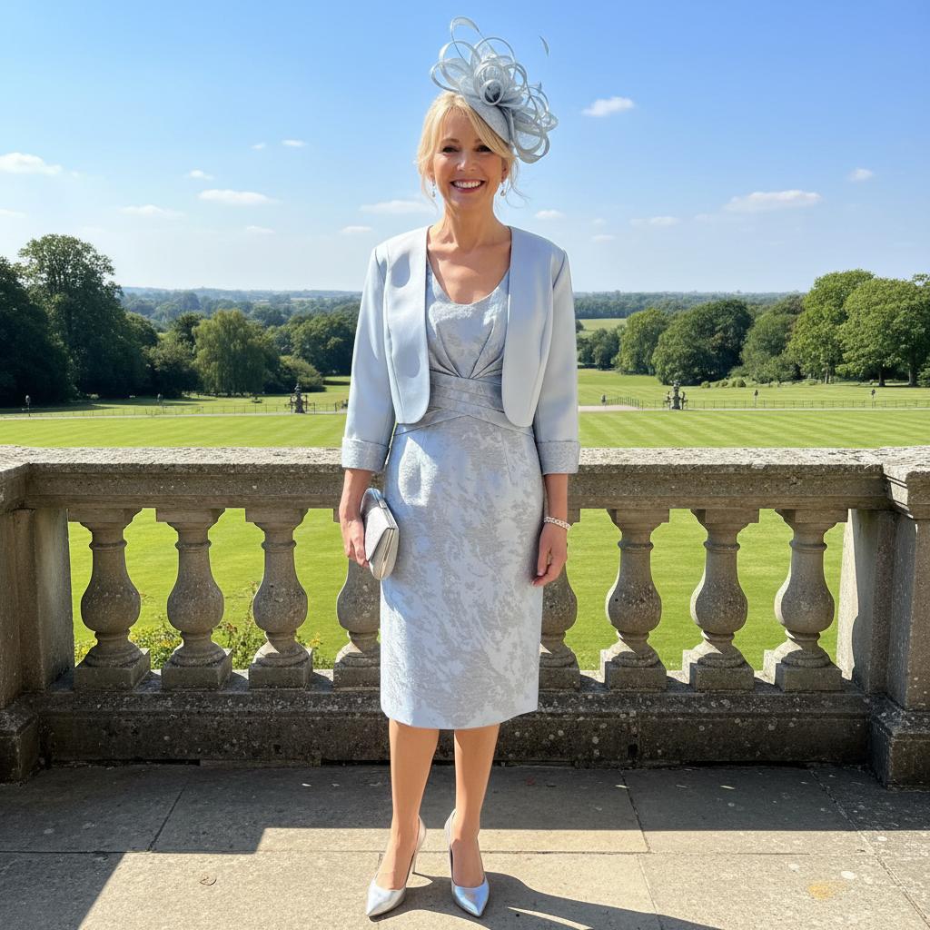 Woman in a light blue mother of the bride dress and jacket. Signature Dress