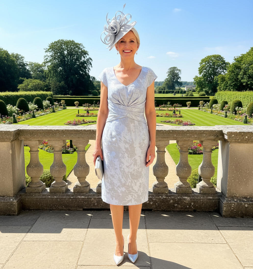 Woman in a light blue mother of the bride dress and jacket. Signature Dress