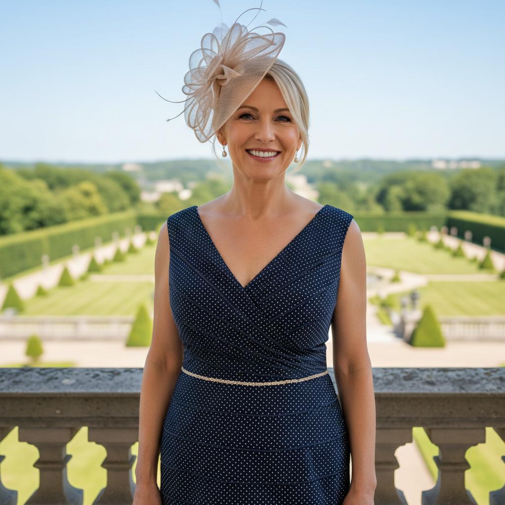 Woman in a Ispirato by Condici navy dress and champagne beige jacket standing in an elegant garden setting. Signature Dress.