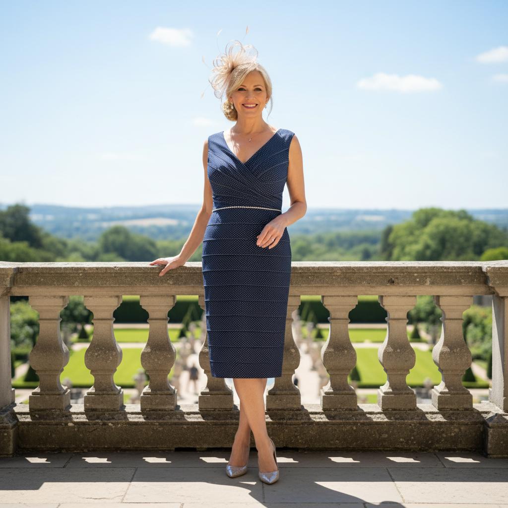 Woman in a Ispirato by Condici navy dress and champagne beige jacket standing in an elegant garden setting. Signature Dress.