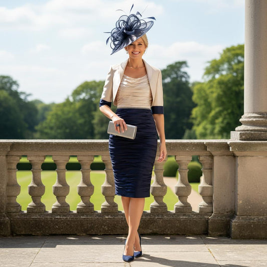 Woman in a champagne and navy mother of the bride dress and jacket, a perfect 2 piece outfit for a wedding for the modern mother of the bride. Signature Dress.