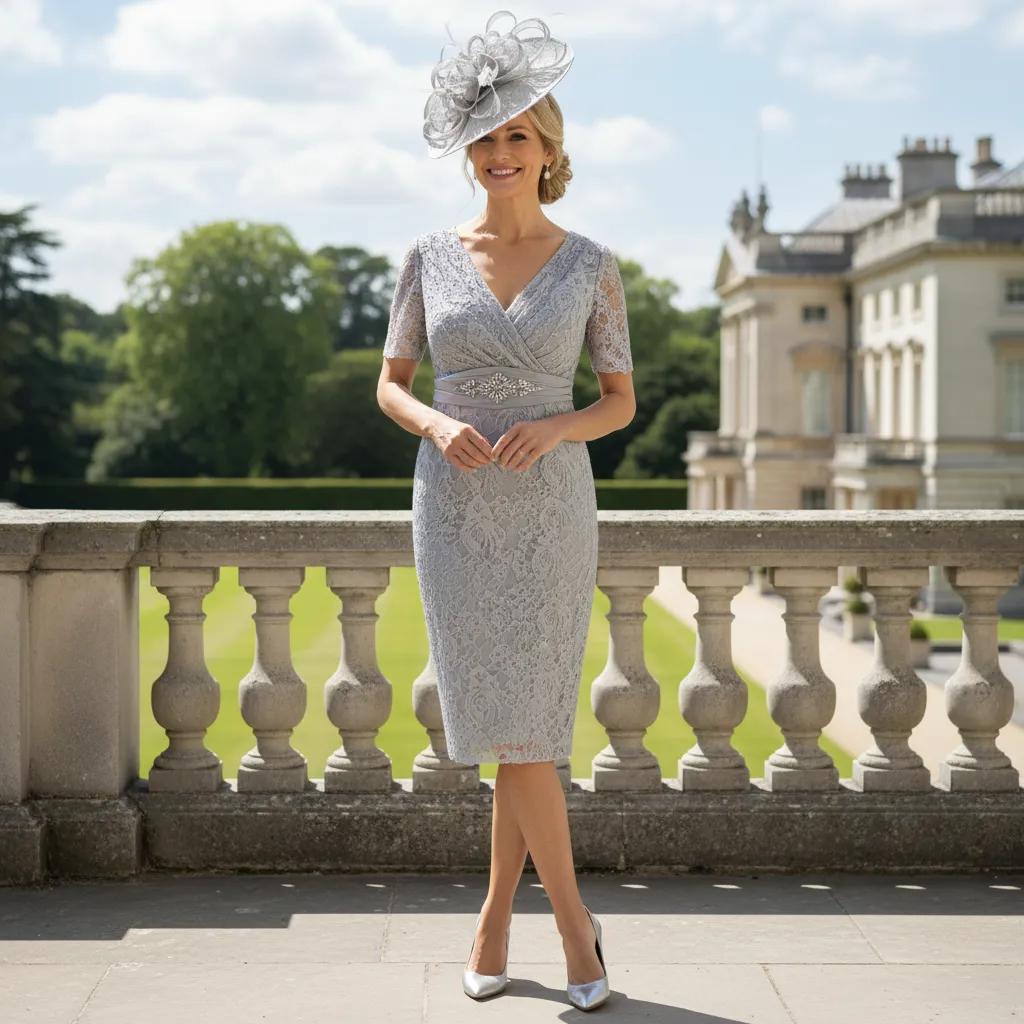 Woman in a ispirato by Condici light sage mother of the bride dress and jacket and matching sage green fascinator attending a wedding. Signature Dress. 