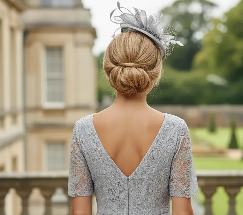 Woman in a ispirato by Condici light sage mother of the bride dress and jacket and matching sage green fascinator attending a wedding. Signature Dress. 