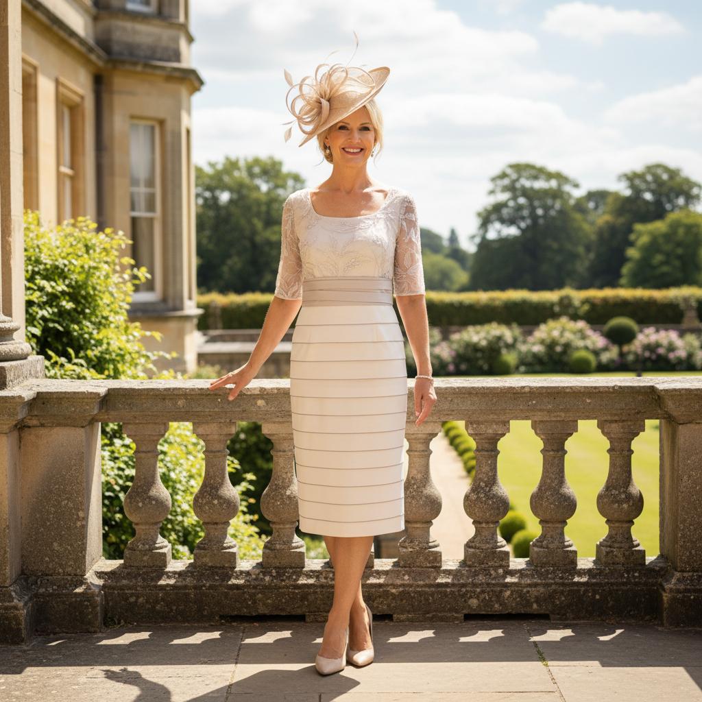 Woman in a Ispirato beige mother of the bride dress and jacket with a beige fascinator hat standing on a balcony with a scenic background. Signature Dress.