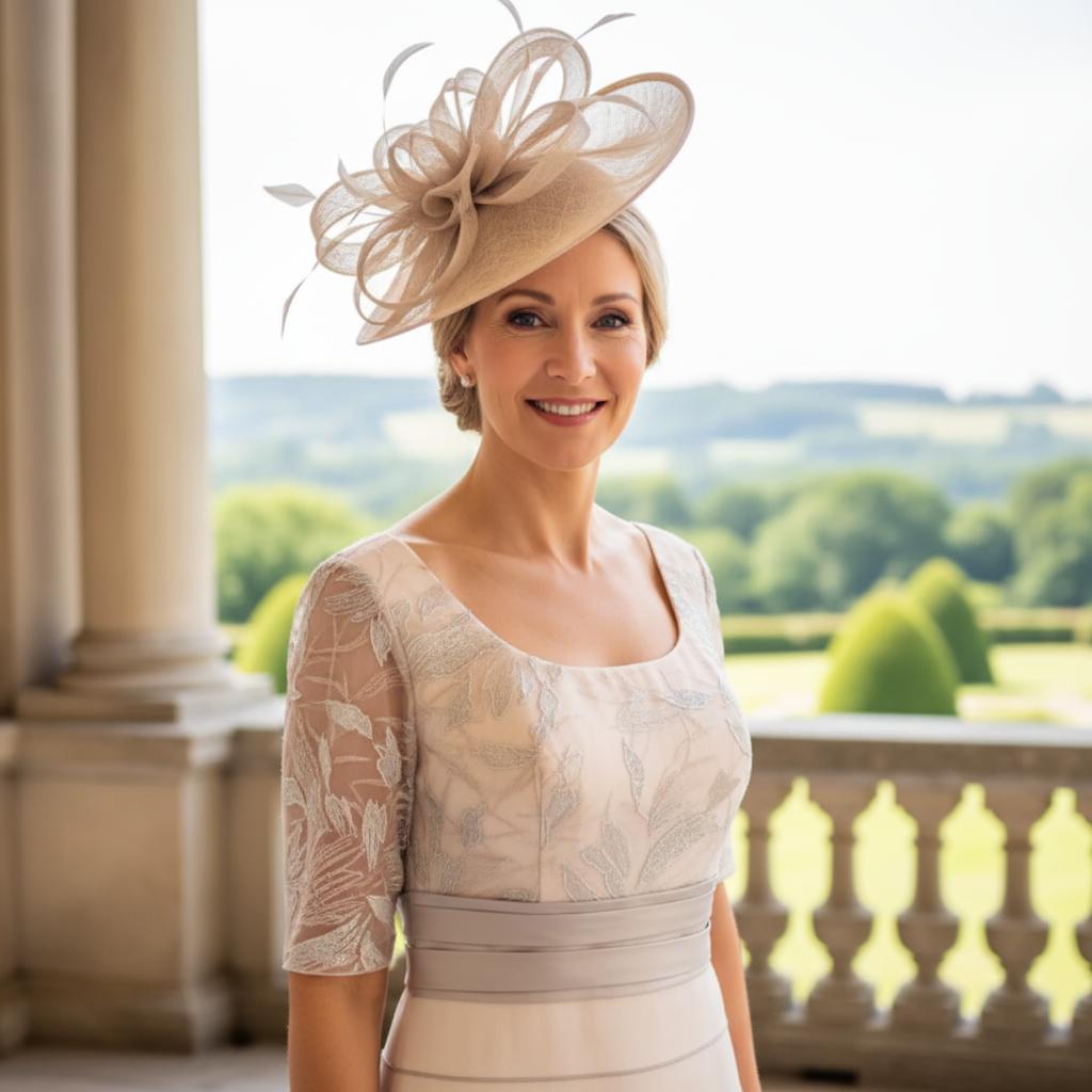 Woman in a Ispirato beige mother of the bride dress and jacket with a beige fascinator hat standing on a balcony with a scenic background. Signature Dress.