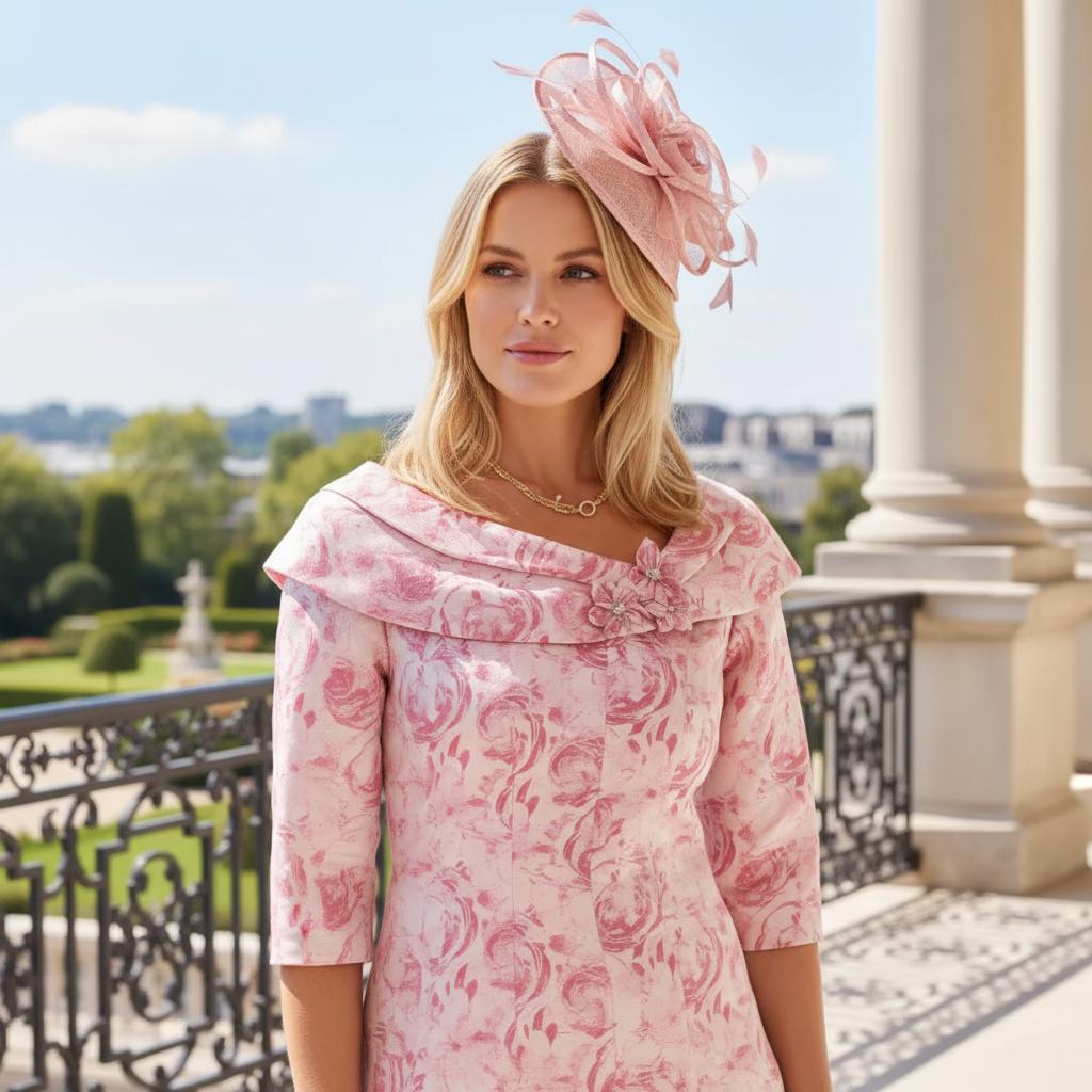 Woman in a pink Ispirato floral pink mother of the bride dress and pink fascinator hat standing in front of a classical building. Signature Dress.