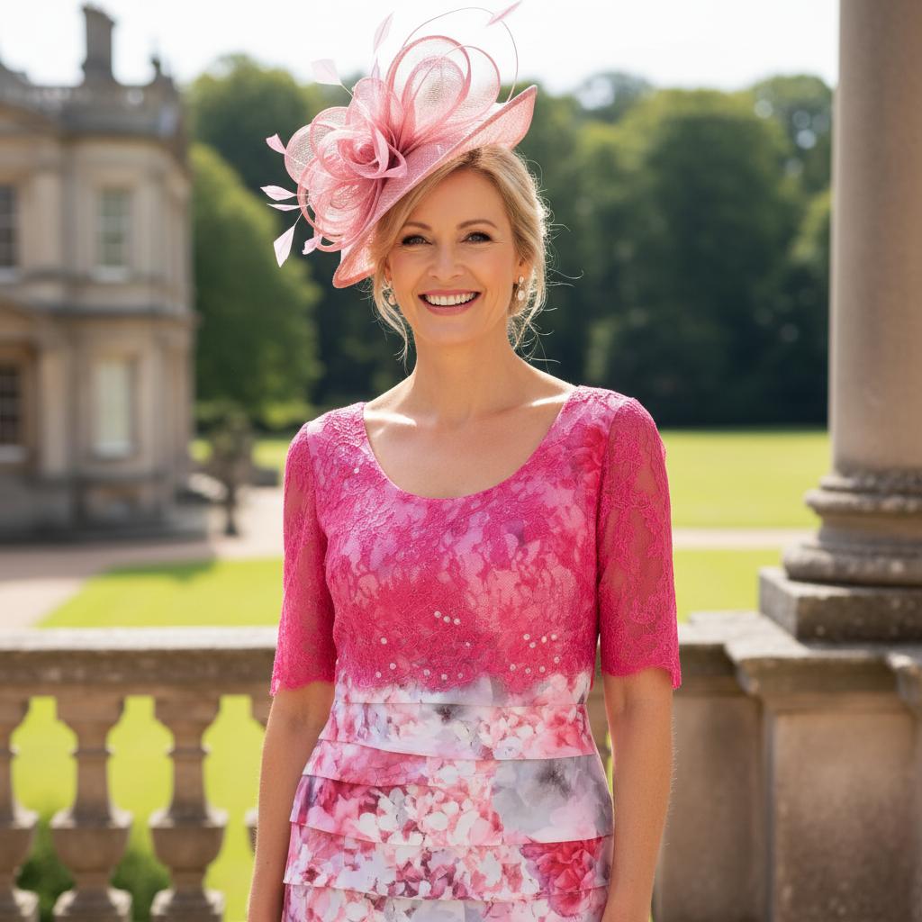Woman in a Ispirato pink and floral mother of the bride dress with a matching pink fascinator hat standing on a stone balcony with a scenic background. Signature Dress