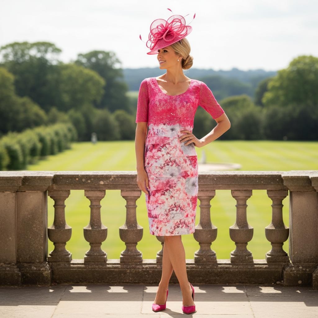 Woman in a Ispirato pink and floral mother of the bride dress with a matching pink fascinator hat standing on a stone balcony with a scenic background. Signature Dress