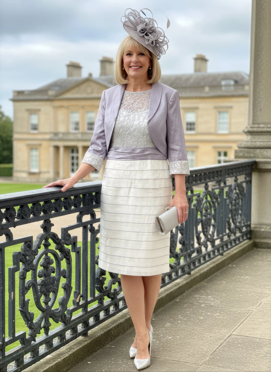 Woman in formal 2 piece outfit in lilac from ispirato standing on a balcony with a building in the background