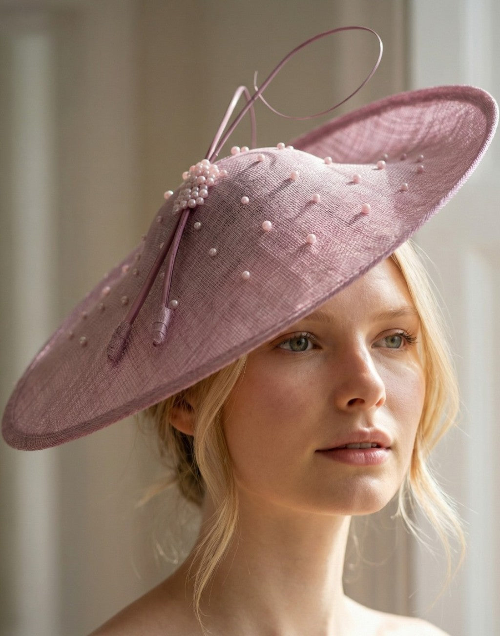 Woman wearing a JBEES Millinery bright cerise pink fascinator wedding hat.