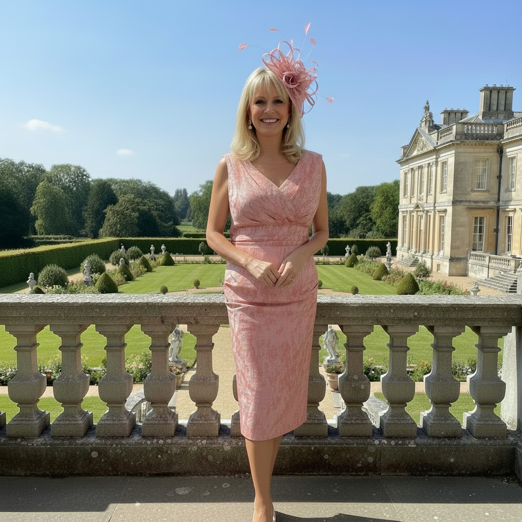 Woman in a John Charles Pink v neck dress as Mother of the bride. Signature Dress